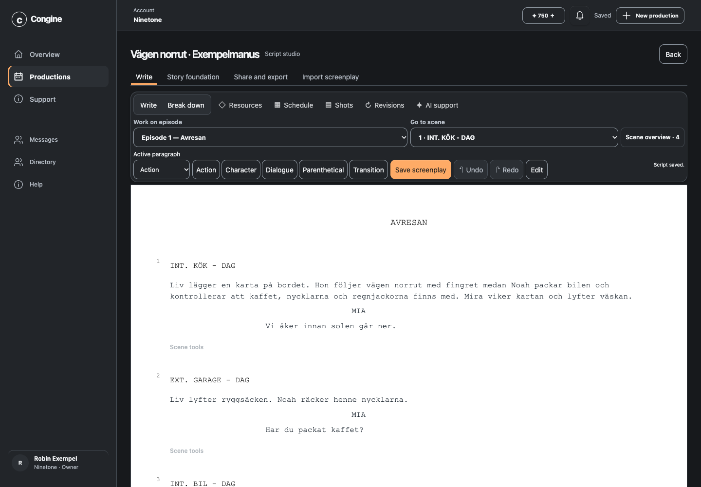 Screenshot of Congine’s Screenplay